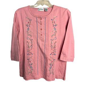 Shenanigans blouse Small pull over floral embroidery pink 34 sleeve round neck